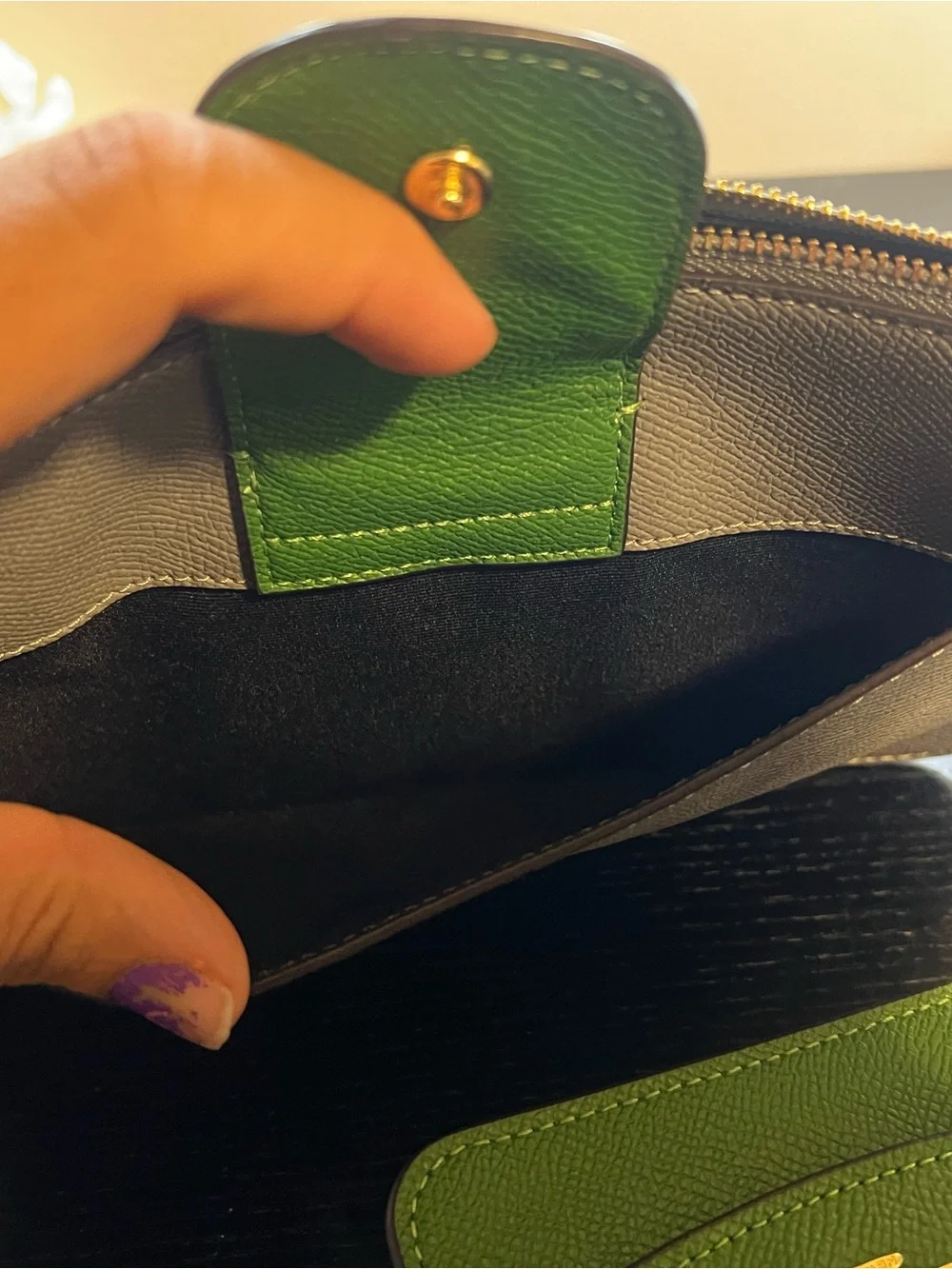 Coach Poppy Crossbody Bag set in a colorblock stone and kelly green